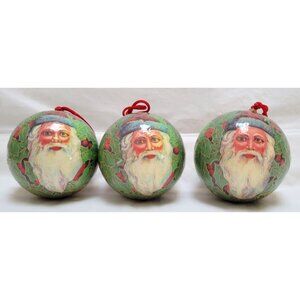 Set of 3 Vintage Decoupage Papier Mache Santa Face 2.5" Ornaments